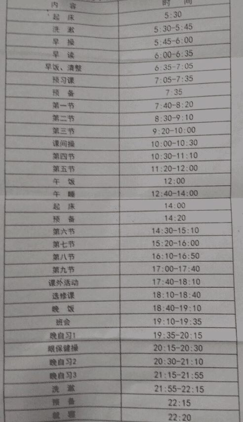 全国重点高中作息时间安排表