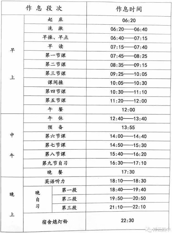 全国重点高中作息时间安排表