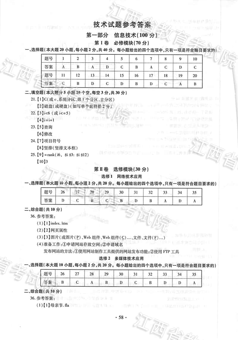 2018年江西高考技术试题、参考答案