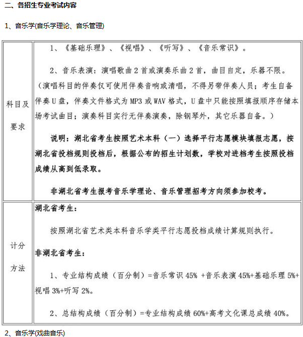 2020武汉音乐学院艺术类专业考试内容