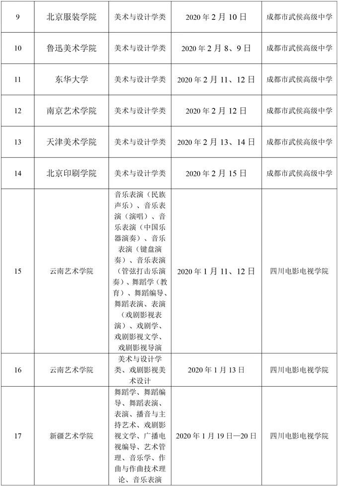 2020省外高校四川考点校考时间安排