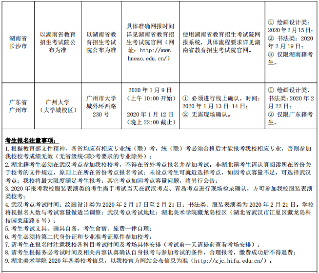 2020湖北美术学院校考时间及考点设置