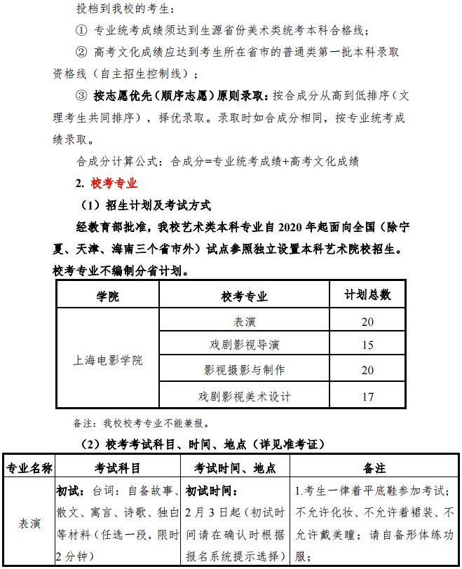 2020上海大学上海电影学院艺术类招生简章