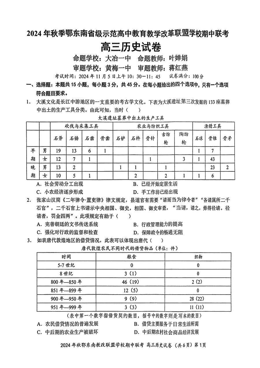 2025届湖北鄂东南示范高中高三11月期中联考历史试题及答案