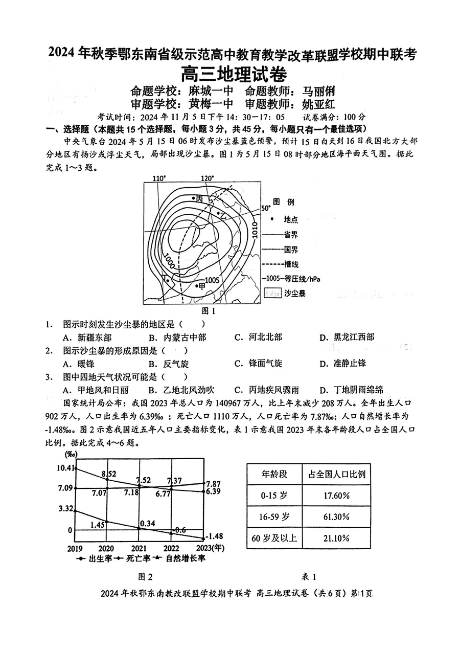 2025届湖北鄂东南示范高中高三11月期中联考地理试题及答案