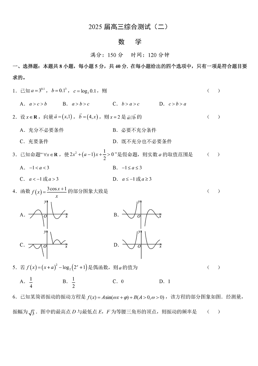 广东华南师大附中2025届高三11月综合测试（二）数学试题及答案