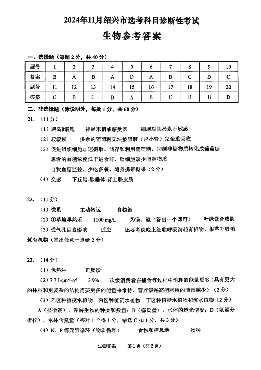 绍兴一模2024年11月高三诊断生物试题及答案