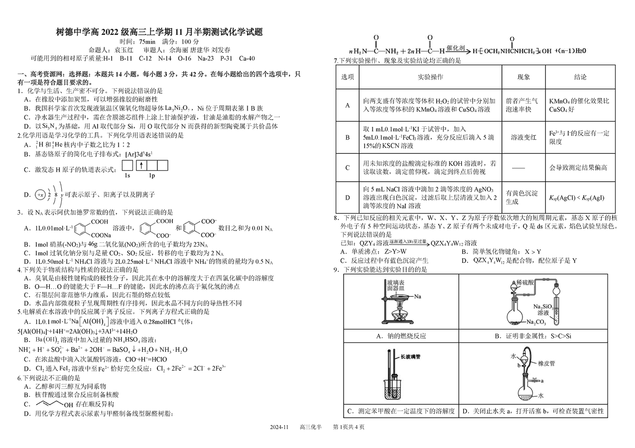 成都树德中学2025届高三上学期11半期化学试题及答案