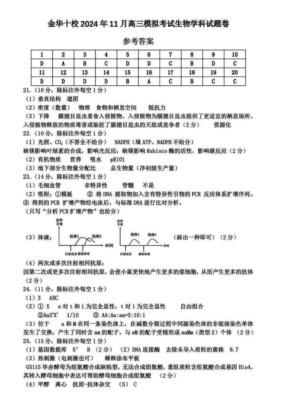 金华十校2024年11月高三模拟生物试题及答案