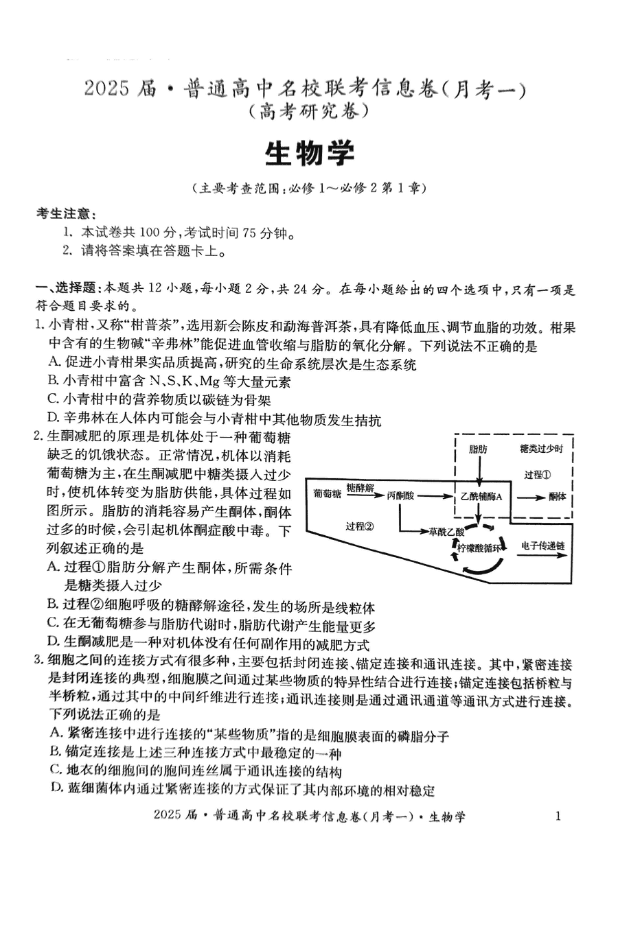 娄底名校联考2025届高三11月信息卷月考一生物试题及答案