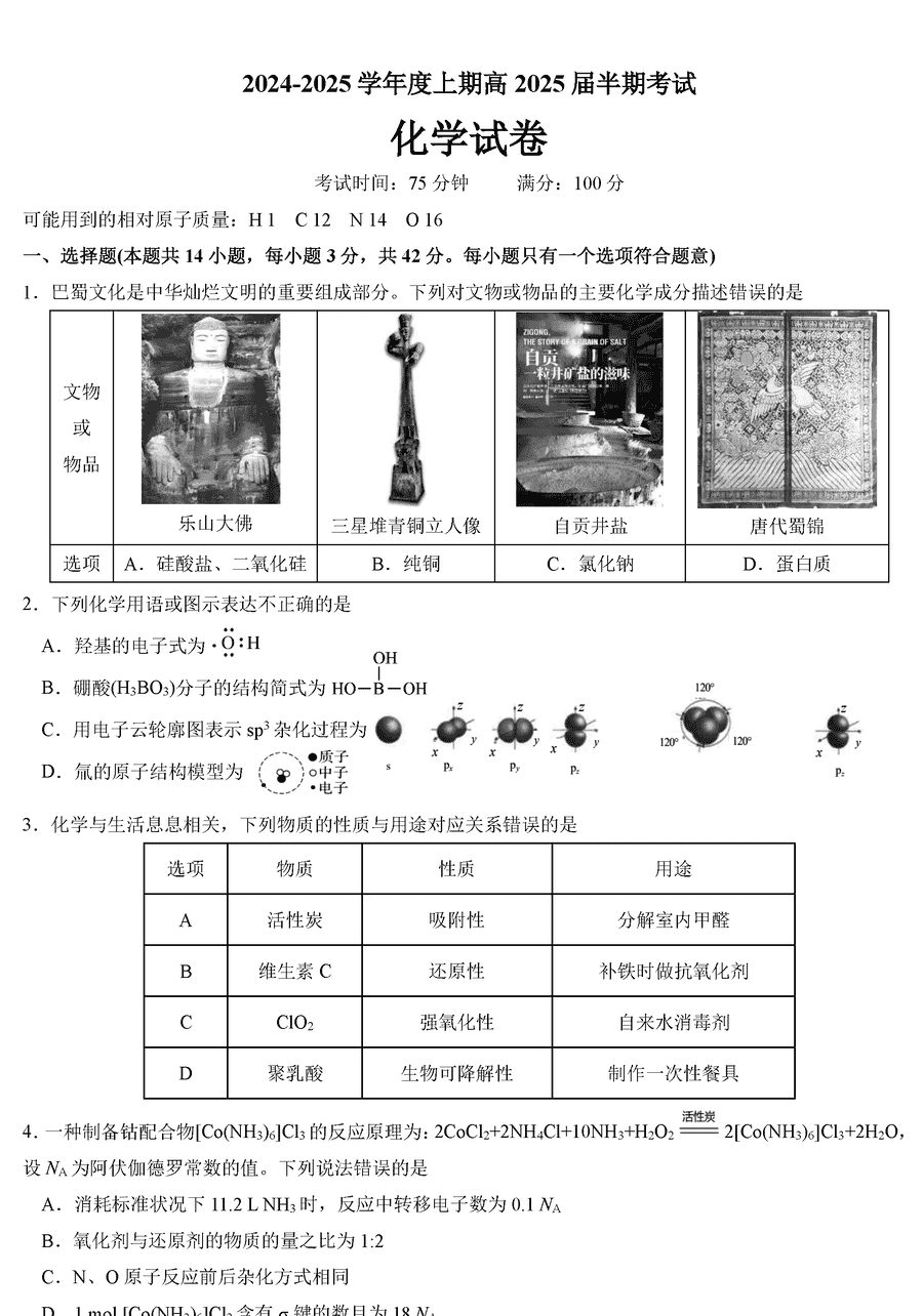 成都七中2025届高三上学期11月期中化学试题及答案