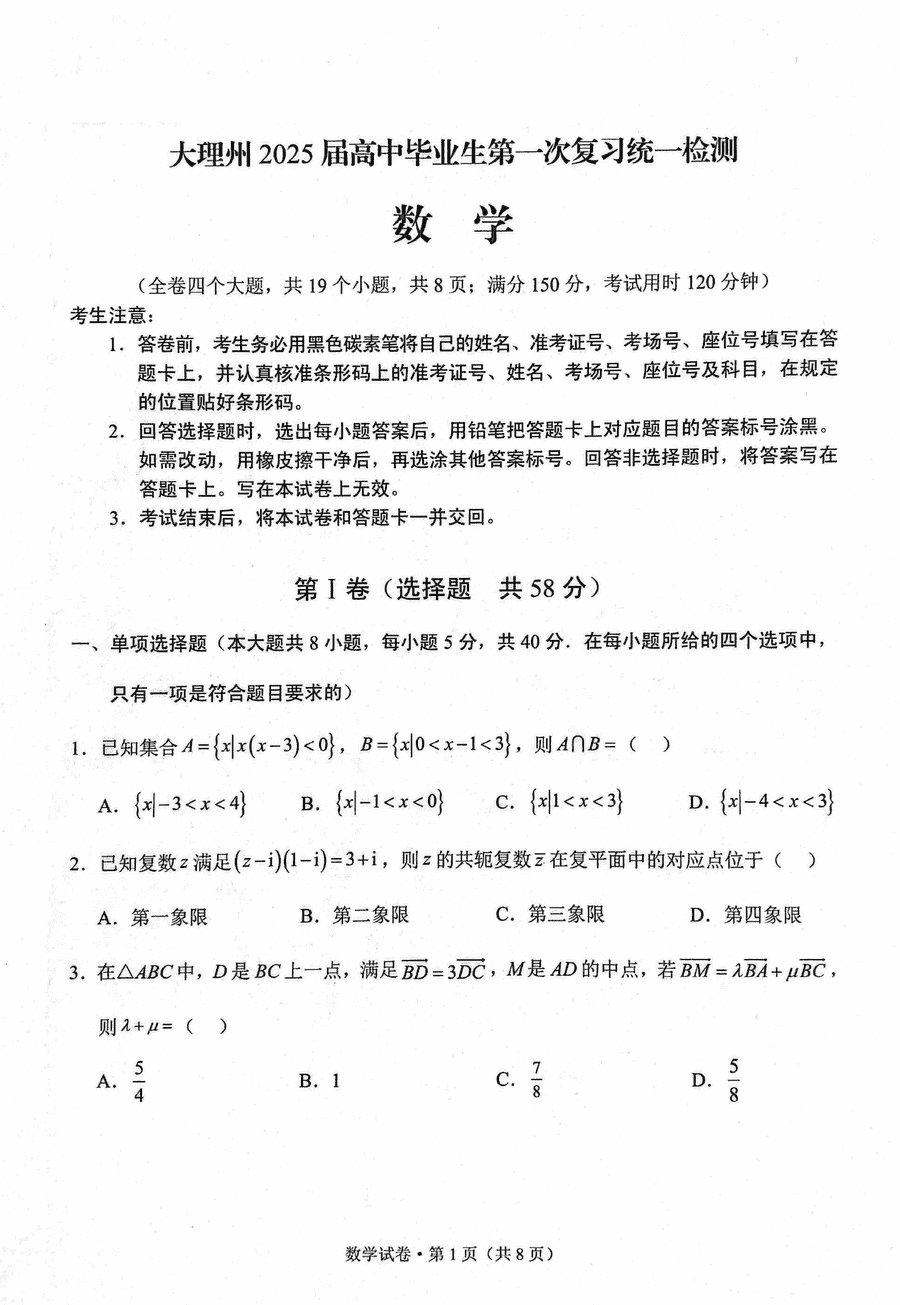 云南大理2025届高三上学期第一次复习统测数学试题及答案