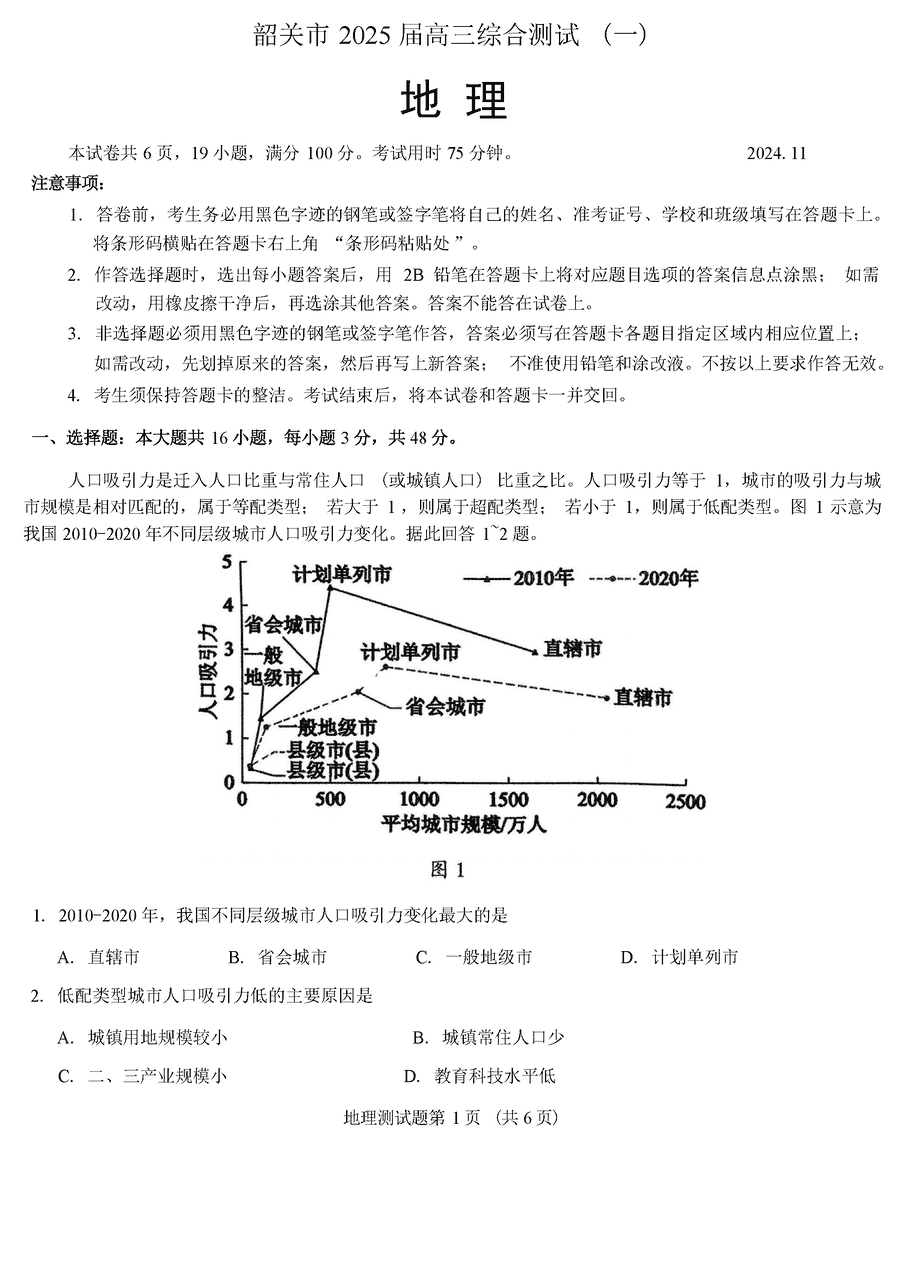 韶关一模2025届高三综合测试一地理试题及答案