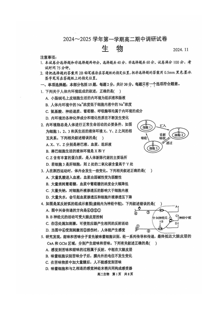 江苏苏州2024-2025学年上学期高二期中生物试题及答案