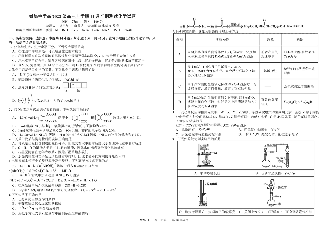 四川树德中学2025届高三上11月半期化学试题及答案