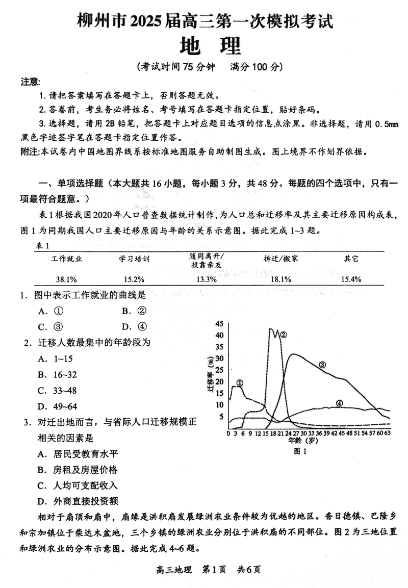 广西柳州2025届高三第一次模拟考地理试题及答案