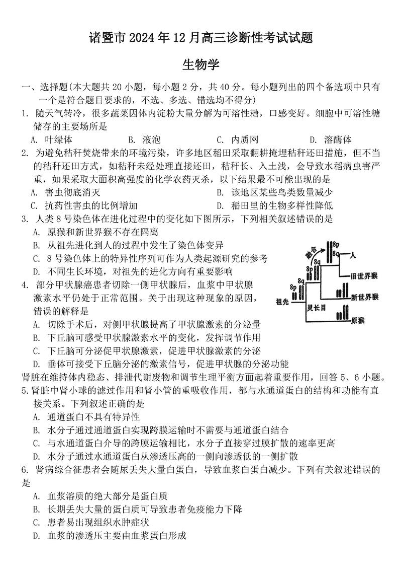 诸暨一模2025届高三上学期12月诊断生物试题及答案