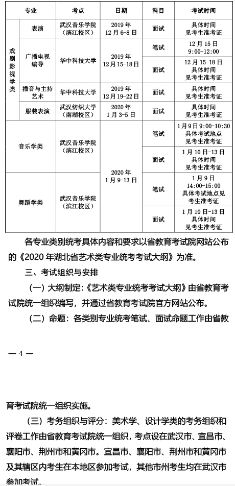 2020湖北艺术类专业统考报名及考试时间