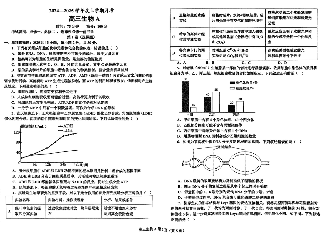 鞍山市普通高中2025届高三上第三次月考生物试题及答案