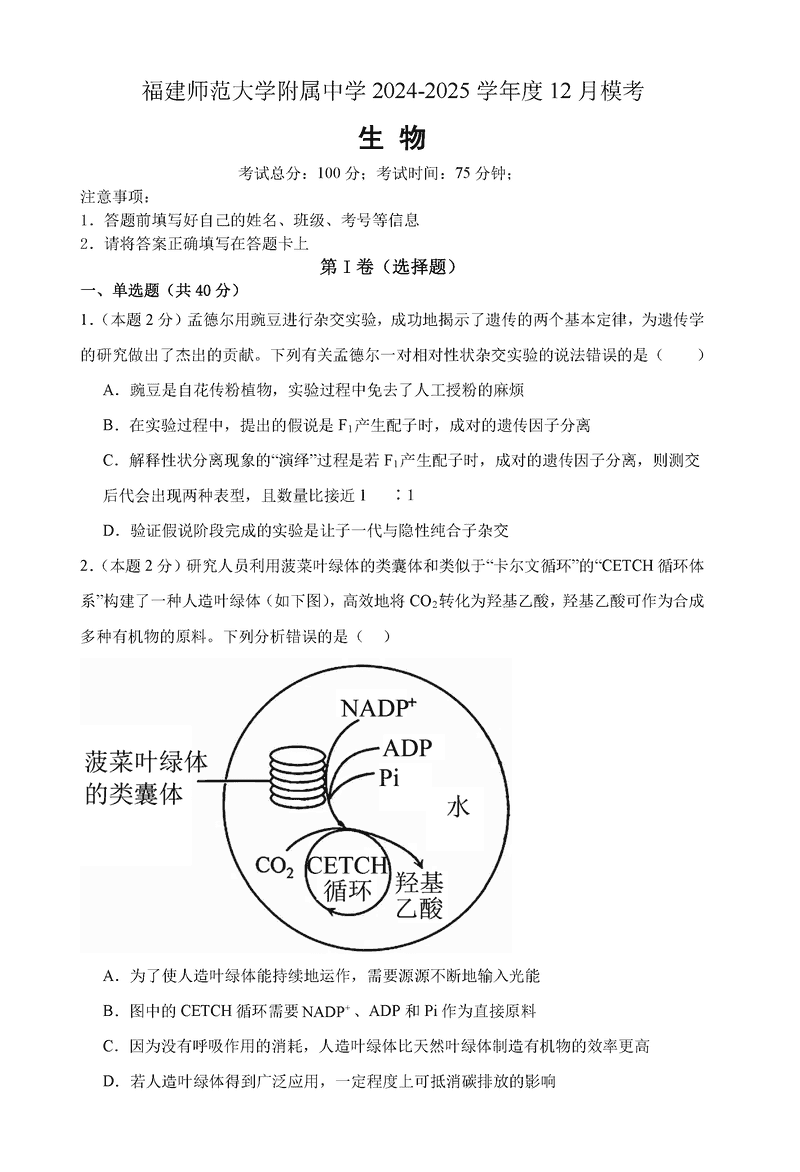 福建师大附中2024-2025学年高三上12月二模生物试题及答案