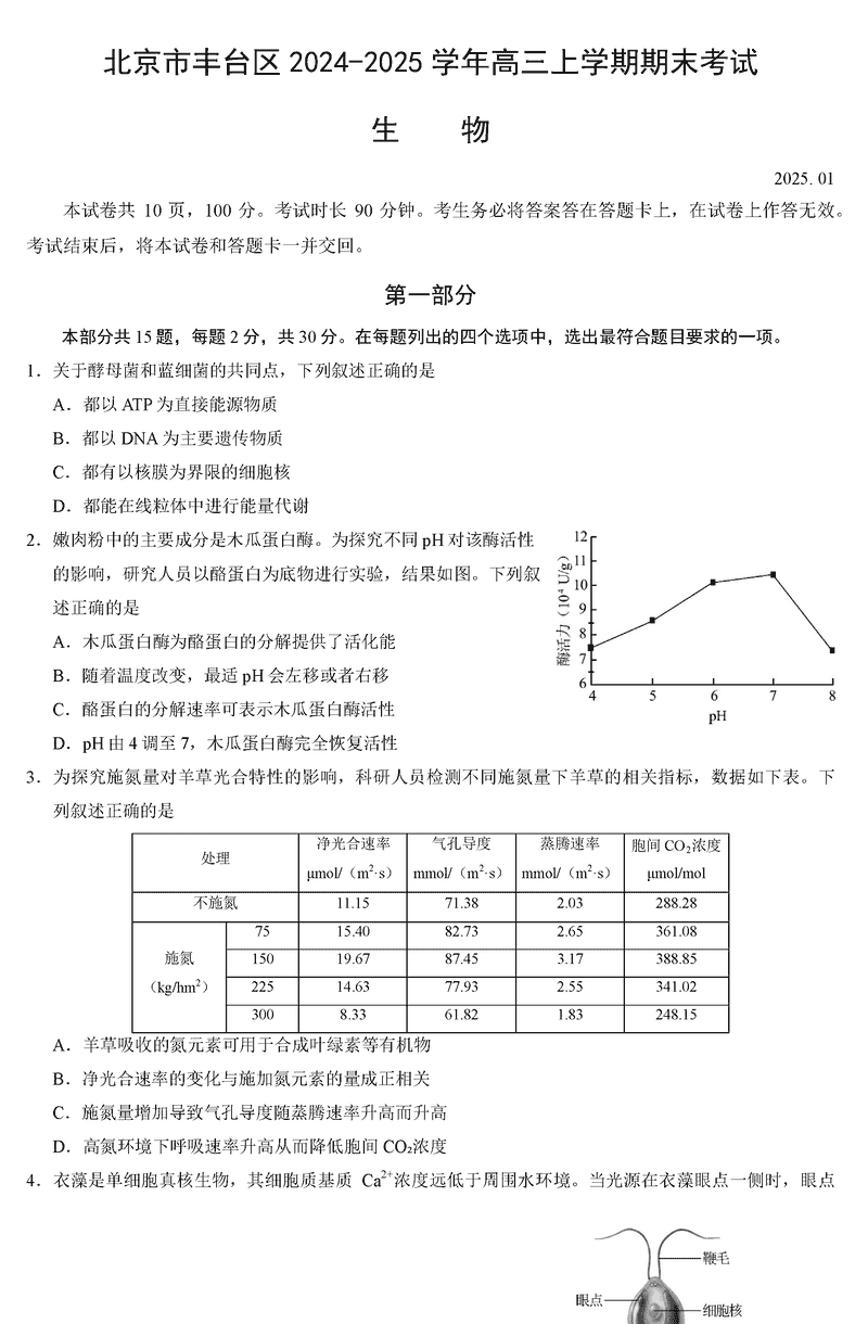 北京市丰台区2024-2025学年高三上学期期末生物试题及答案