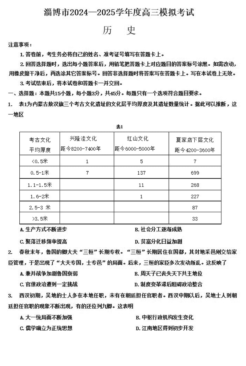 淄博市、滨州市2025届高三下学期3月一模历史试题及答案