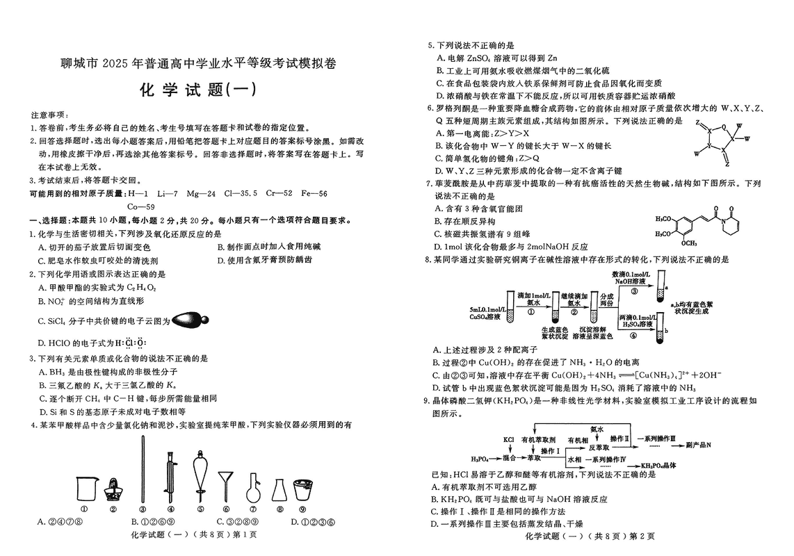 聊城一模2025年高三学业水平等级模拟卷化学试题及答案