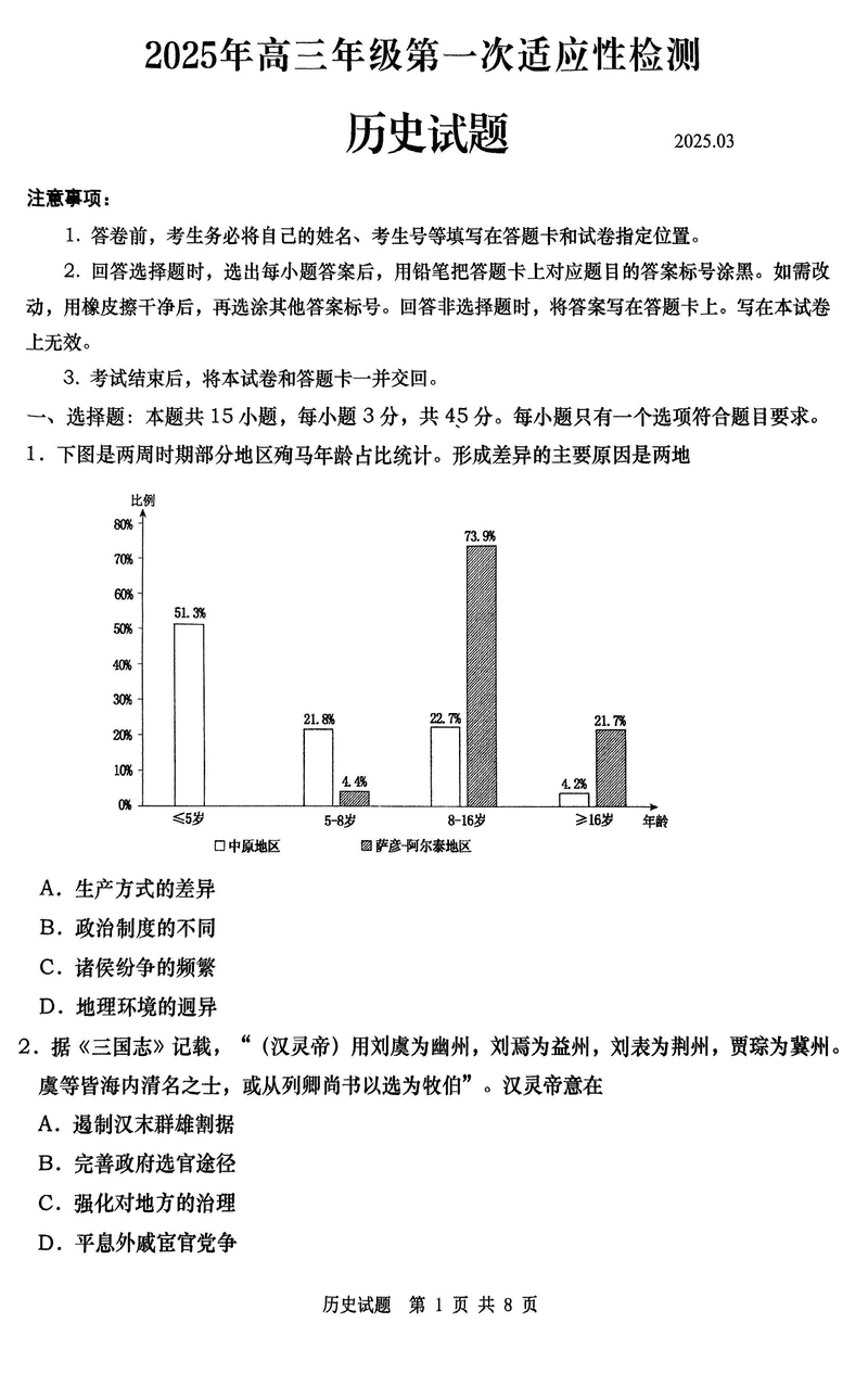 青岛一模2025年高三年级第一次适应性检测历史试题及答案